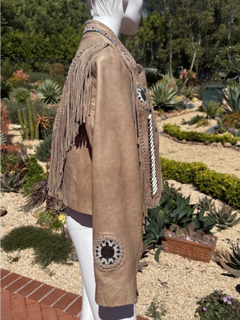 Sunriders Taupe Fringe Leather Beaded Western Jacket - Picture 5 of 7
